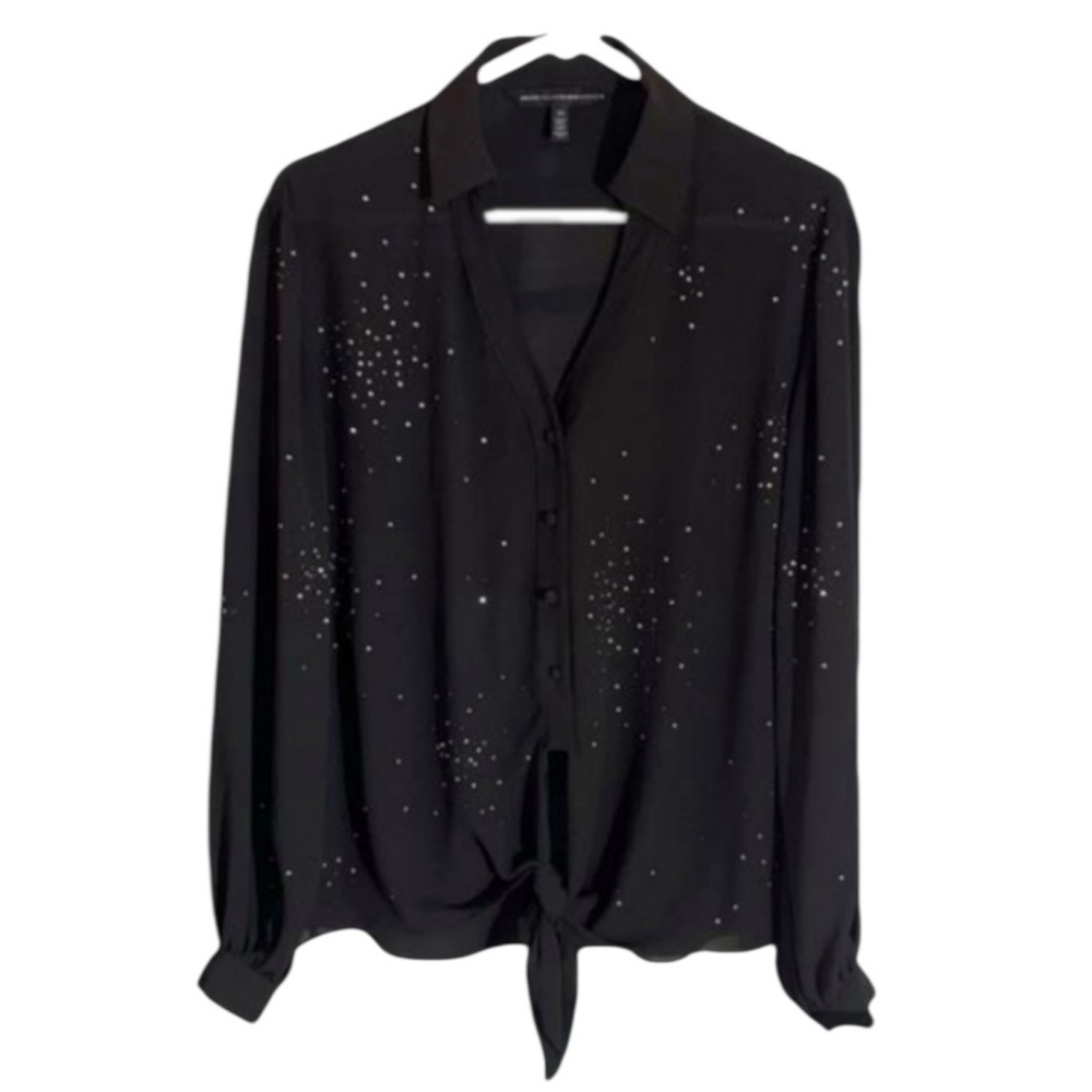 White House Black Market Black Rhinestone Sheer Blouse XS - Picture 8 of 10